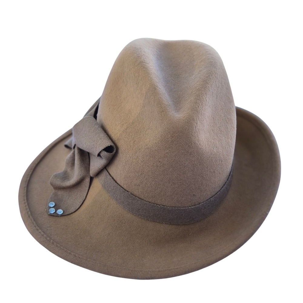 Camel Tan Felt Asymmetrical Brim Fedora with Bow Accent